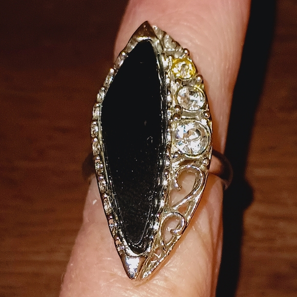 Vintage Emmons Black Rhinestone Adjustable Ring - Picture 1 of 3